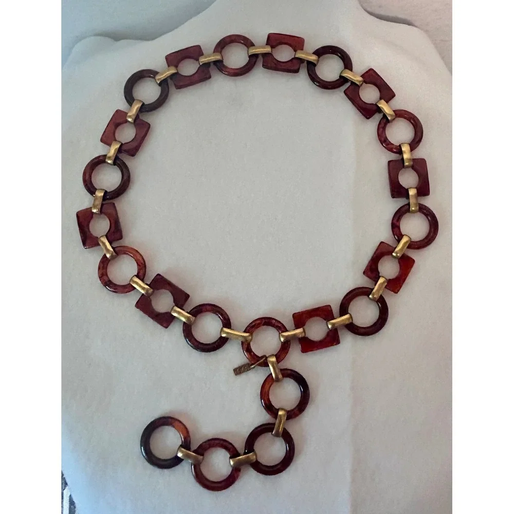 Vintage YSL Yves Saint Laurent Tortoise Resin Geometric Link Chain Belt Gold